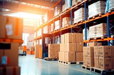 Interior of a modern warehouse storage of retail shop with pallet truck near shelves. AI Generated