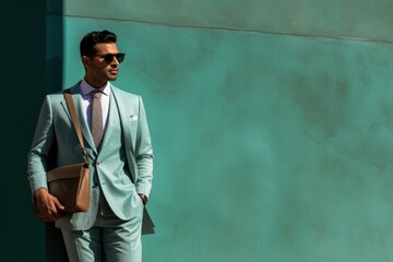 Wall Mural - Stylish Gentleman in a Dapper Suit Posing Against a Vibrant Green Backdrop