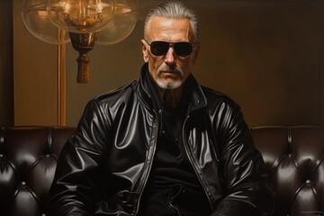 Wall Mural - Man in Leather Jacket and Sunglasses Sitting on Couch