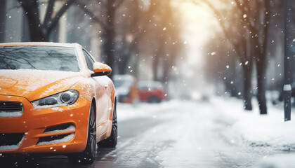 Wall Mural - The car is on a winter road with falling snow