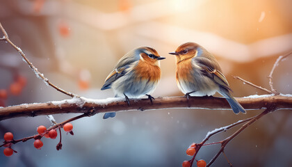 Wall Mural - Two bullfinches sitting on a branch in winter