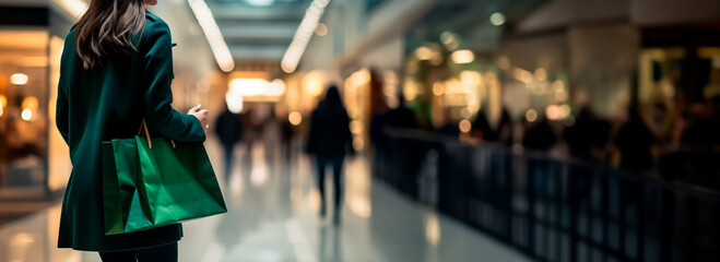 Wall Mural - Woman with a shopping back walking inside of a mall. Shallow field of view with copy space.