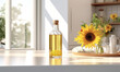bottle of sunflower oil in the white light kitchen with wooden facades and appliances
