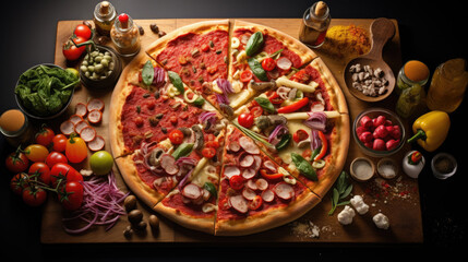 Wall Mural - Delicious pizza with different ingredients on wooden table, top view