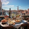Breakfast on a balcony in Venice. Luxury tourist resort breakfast in hotel room.
