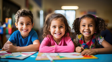 Canvas Print - Group of little preschoolers sits at a desk in background of class