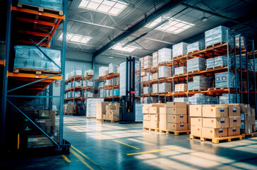 Interior of a modern warehouse storage of retail shop with pallet truck near shelves. AI Generated