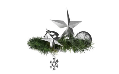 Wall Mural - silver christmas star balls snowflakes decoration on pine twigs isolated placable 3d cad rendering