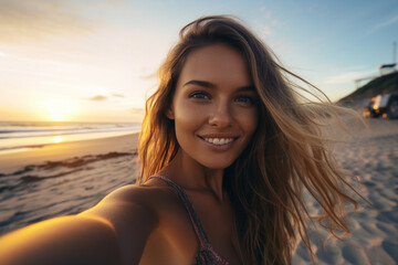 Wall Mural - Generative AI picture portrait of young traveler girl making summer ocean vacation selfies near sea waves