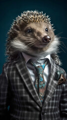 Wall Mural - Hedgehog dressed in a casual suit and wearing a beret. Fashion portrait of an anthropomorphic animal posing with a charismatic human attitude