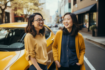 Two cheerful female friends going on a road trip together. Two beautiful women ready to ride a car. Girls night out.