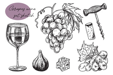 Wall Mural - Time for wine vector hand drawn sketch illustration. Human hand holding wine glass. Bottle, cheese, grape vine, cork, corkscrew, isolated on white background. Doodle vintage design elements set