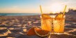 AI Generated. AI Generative. Two orange yellow juices on vaction travel relaxing. Beach sand and sea ocean on background.  Graphic Art