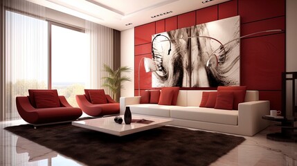 Poster - Modern living room interior design with white walls and a red sofa, AI generative