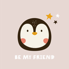 Wall Mural - Childish print, hand drawn vector illustration with portrait of a cute penguin