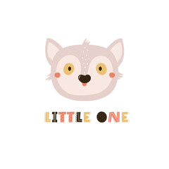 Wall Mural - Childish print, vector illustration with a portrait of funny lemur and short phrase LITTLE ONE