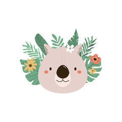 Wall Mural - Childish print, vector illustration with a portrait of a funny wombat in tropical leaves