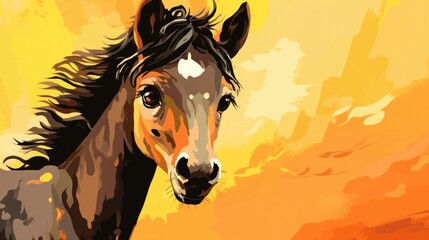 Wall Mural - cute illustration of baby horse on orange background generative ai