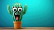 illustration of smiling cactus on blue background generative ai