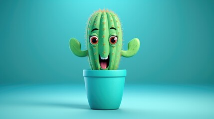 Wall Mural - illustration of smiling cactus on blue background generative ai