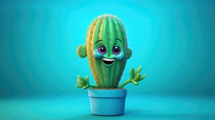 Wall Mural - illustration of smiling cactus on blue background generative ai