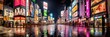 blurry of Neon lights and billboard advertisements on buildings at Akihabara at rainy night