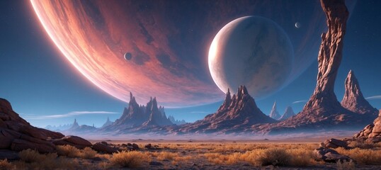 Wall Mural - Wide-angle shot of an alien planet landscape. Breathtaking panorama of a desert planet with canyons and strange rock formations. Fantastic extraterrestrial landscape. Sci-fi wallpaper.