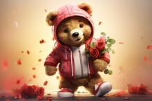 Stylish Teddy Bear Holding Red Rose On Valentines Day.