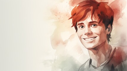 Wall Mural - Smiling Teen White Man with Red Straight Hair Watercolor Illustration. Portrait of Casual Person on white background with copy space. Photorealistic Ai Generated Horizontal Illustration.