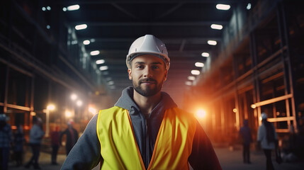 A young man, Civil engineer take a photo with his team, Construction site background.