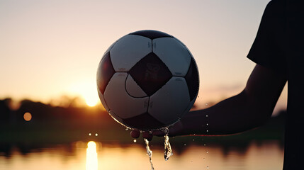 Wall Mural - close-up of a soccer ball in the hand of a young player at nightfall, landscape in the background with a body of water and the reflection of the sun, sport after school, childhood memory