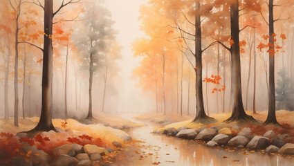 Wall Mural - watercolor drawing forest pattern landscape of dry trees, beauty of nature, fog background 