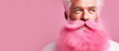 Cheerful elderly man with pink hair and pink beard on a pink background