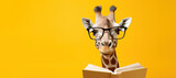 Fototapeta Fototapety ze zwierzętami  - Giraffe with glasses reads a book on a orange background with space for text.