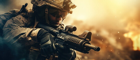 Wall Mural - War background - Army soldier fighting with guns and defending his country.