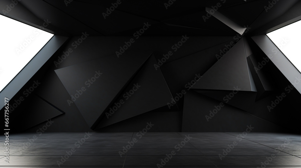 A dark room with a geometric wall pattern and a white light in the ...
