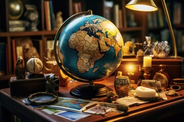 Wall Mural - A desk with a globe on top. Perfect for educational and travel-related projects.