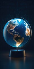 Sticker - A blue globe with a black base sitting on a table. Suitable for educational or travel-related content.