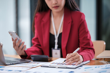 Wall Mural - Business analyst and woman typing documents in office workplace. Paperwork analysis, computer and female person reading, working and analyzing data, graphs or charts for finance statistics.