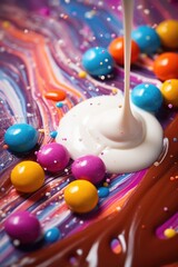 Wall Mural - A close-up view of a delicious chocolate cake covered in colorful candy. This mouthwatering dessert can be used to add a touch of sweetness to any celebration or special occasion.