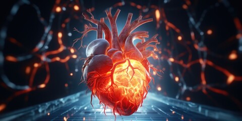 Wall Mural - a human heart is depicted in the center of the image, surrounded by a vibrant glow from the surround