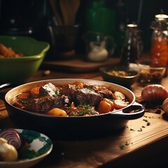 Canvas Print - A pot of stew placed on a wooden table. This image can be used to depict a hearty meal or rustic cooking.