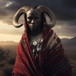 A man wearing a red blanket with horns on his head. This unique image can be used for various creative projects and themed designs