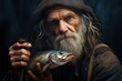 A picture of a man with a long beard holding a fish. This image can be used to illustrate fishing, outdoor activities, or a rustic lifestyle