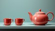 Amidst the warm glow of an indoor kitchen, a vibrant red teapot and delicate cup rest on a table, beckoning with the promise of comforting warmth and shared moments over steaming tea