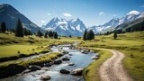 Fototapeta Uliczki - Idyllic mountain landscape in the Alps with blooming meadows in springtime, morning light, copy space, Generative AI