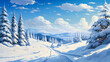 un paysage hivernale ensoleillé avec collines et sapins recouverts de neige