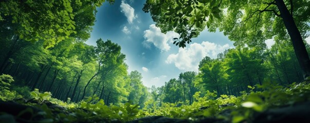 Looking up at the green tops of trees, Generative AI