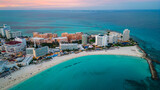 Fototapeta  - Cancun Mexico aerial at sunset of Caribbean Sea ocean resort tropical beach 