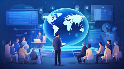 A landing page image for a virtual presentation platform. Shows a presenter engaging with a global audience